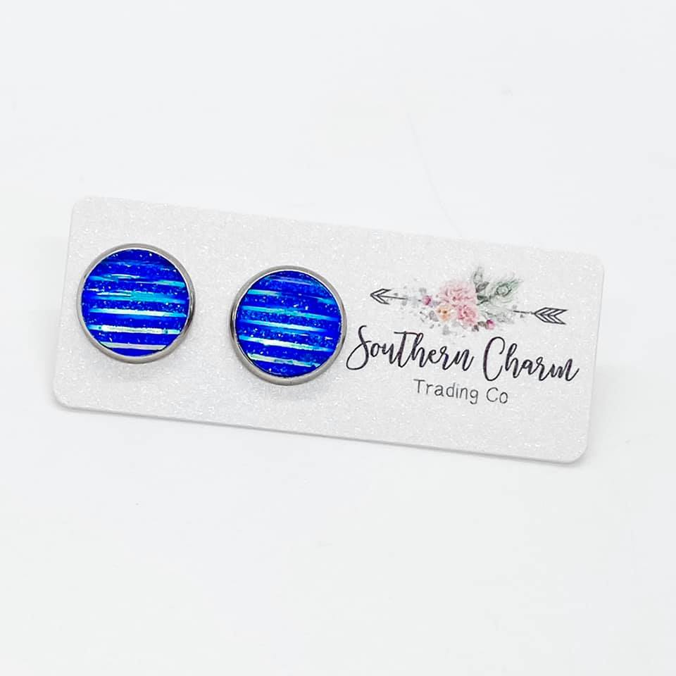 Iridescent Blue Etched Stud Earrings