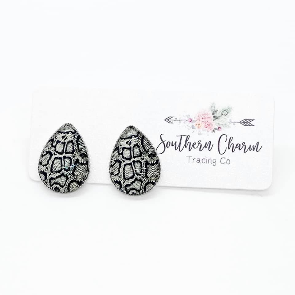 Big as Texas Grey Snakeskin Teardrop Earrings