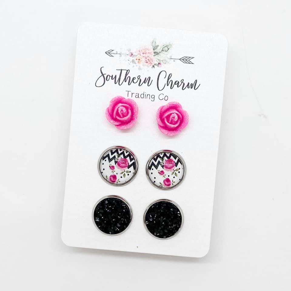 Tiny Hot Pink Roses & Zigzag Triplets