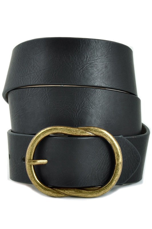 Oval Brass Buckle Vegan Belt - Black