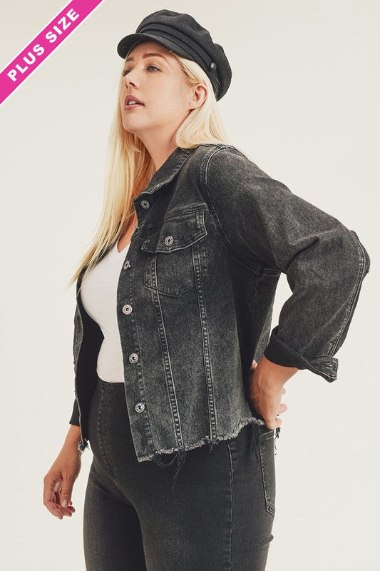 Take Me Back Frayed Hem Jean Jacket - Black