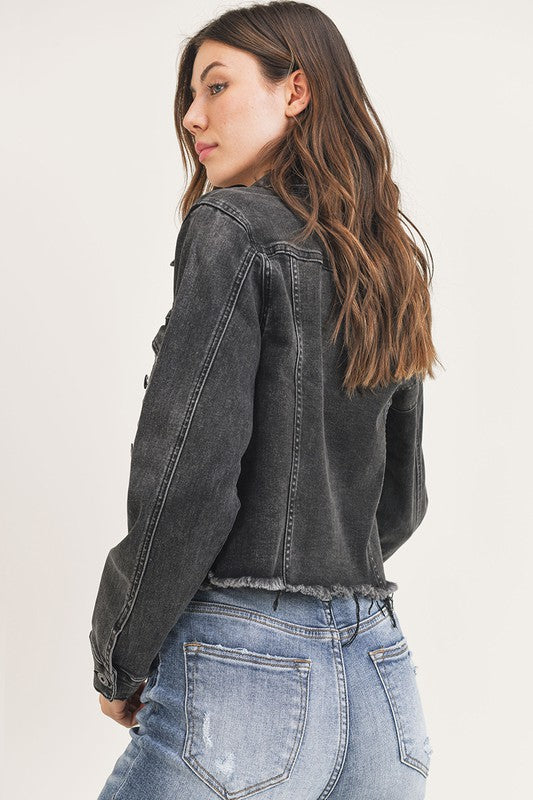 Take Me Back Frayed Hem Jean Jacket - Black