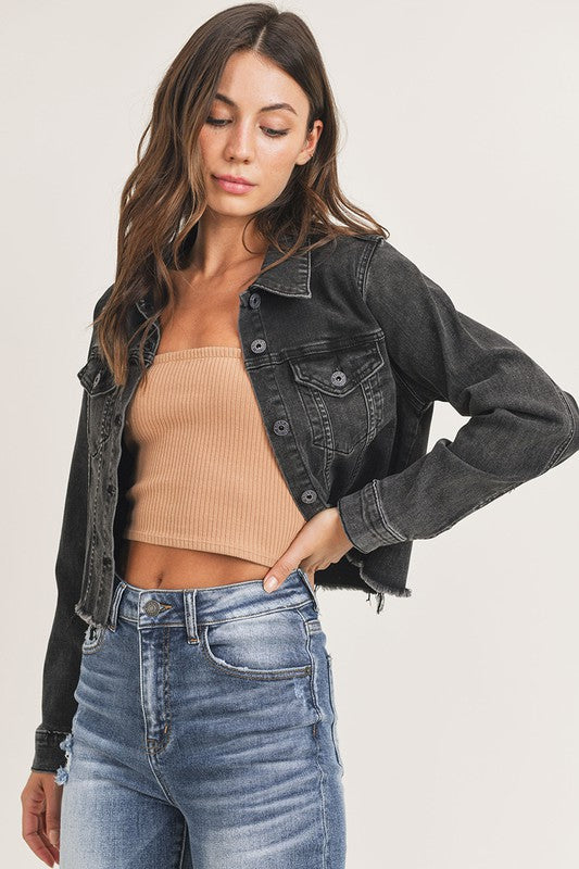 Take Me Back Frayed Hem Jean Jacket - Black