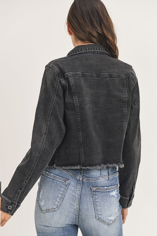 Take Me Back Frayed Hem Jean Jacket - Black