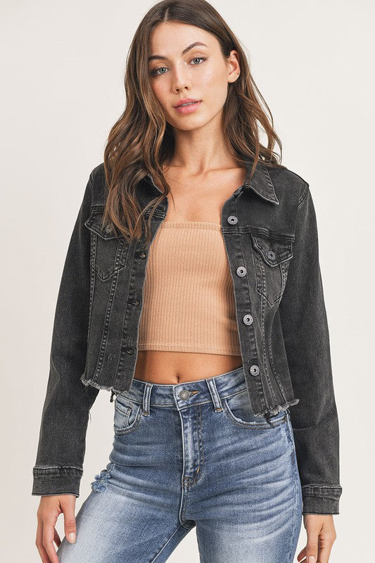 Take Me Back Frayed Hem Jean Jacket - Black