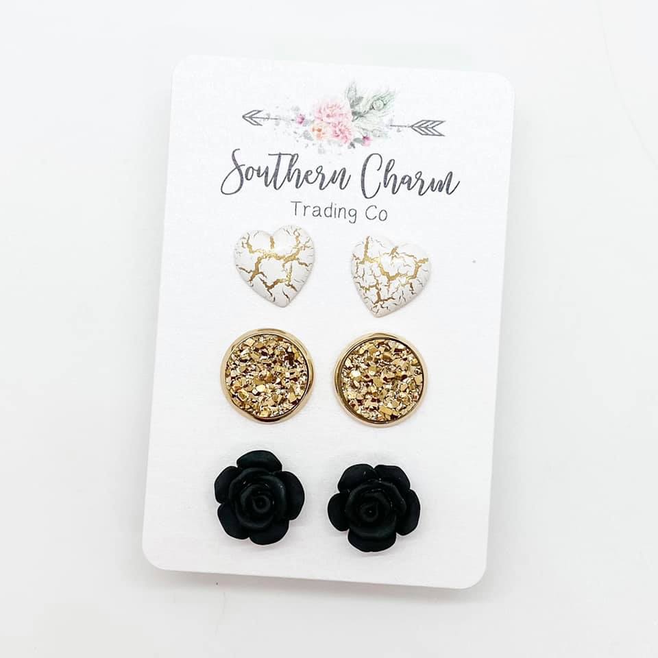 Ivory Gold Crackle Hearts & Black Rose Triplets