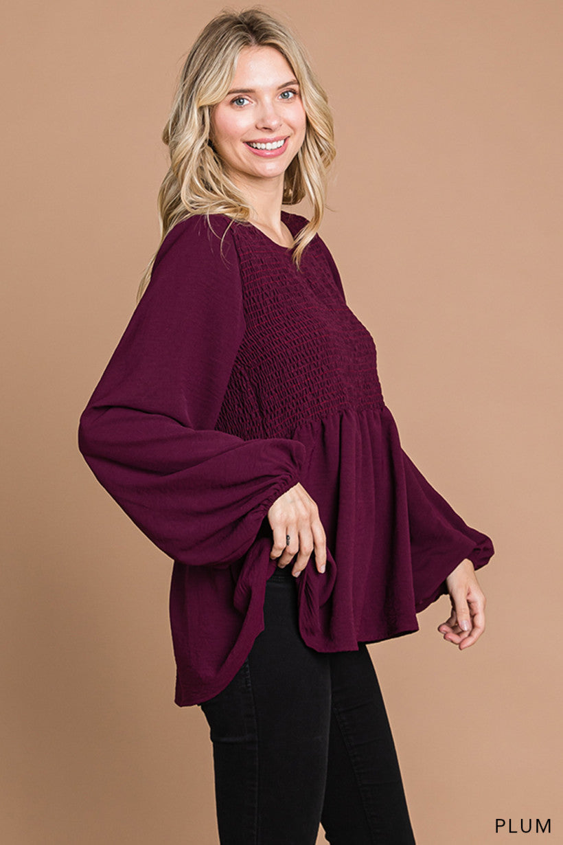 Wishing for Change Smocked Top - Plum