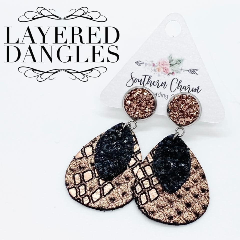 Rose Gold, Black Glitter & Snakeskin Layered Dangles