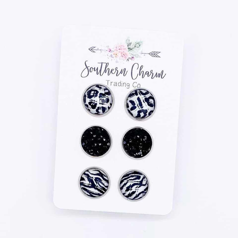 Black Faceted Animal Print Triplet Earrings