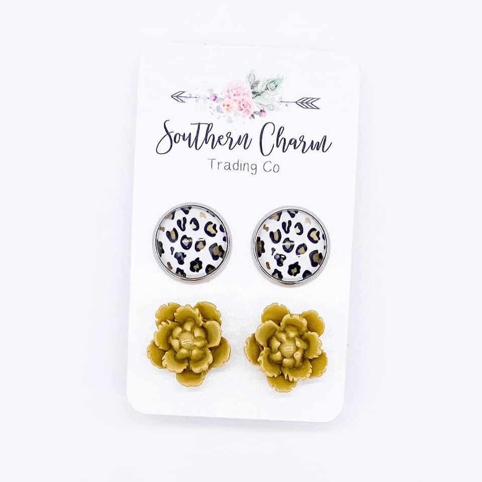 Gold/Leopard & Yellow Flower Duo Stud Earrings