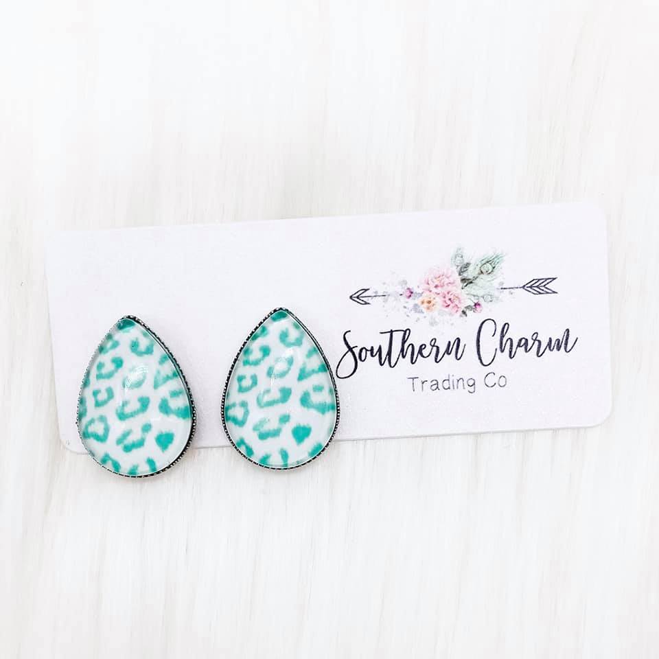 Big as Texas Mint Leopard Teardrop Earrings