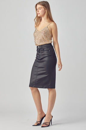 Risen Jeans Denim Pencil Skirt - Coated Black