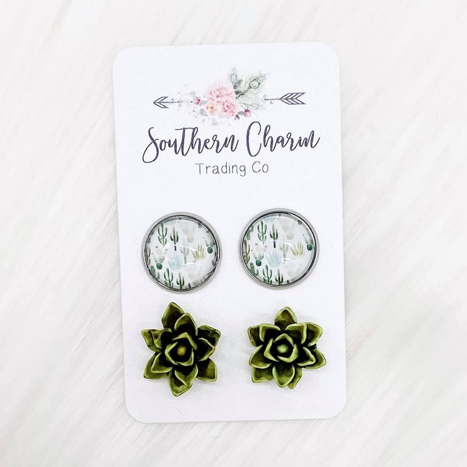Cacti & Moss Green Succulent Duo Studs