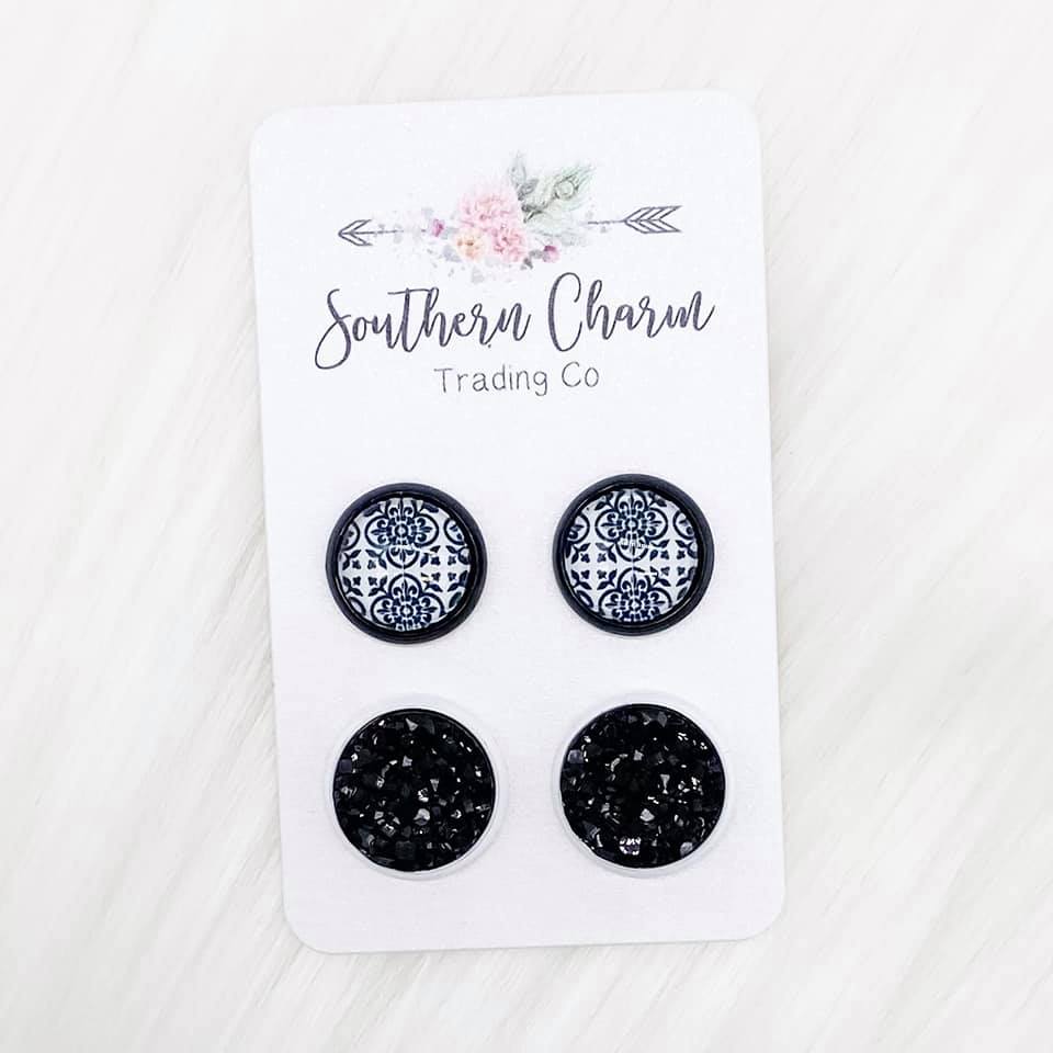 Black Flower & Black in Black/White Setting Duo Earrings