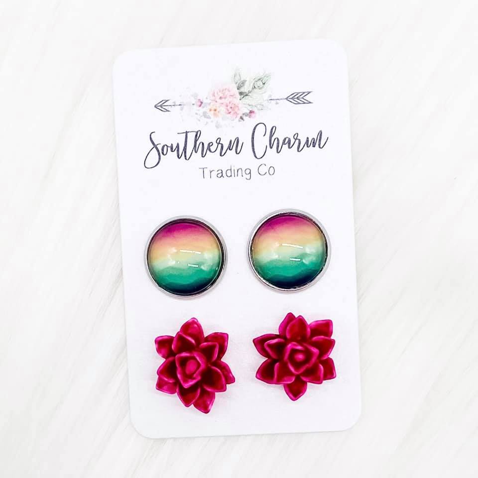 Serape Water Colors & Hot Pink Succulent Duo Stud Earrings