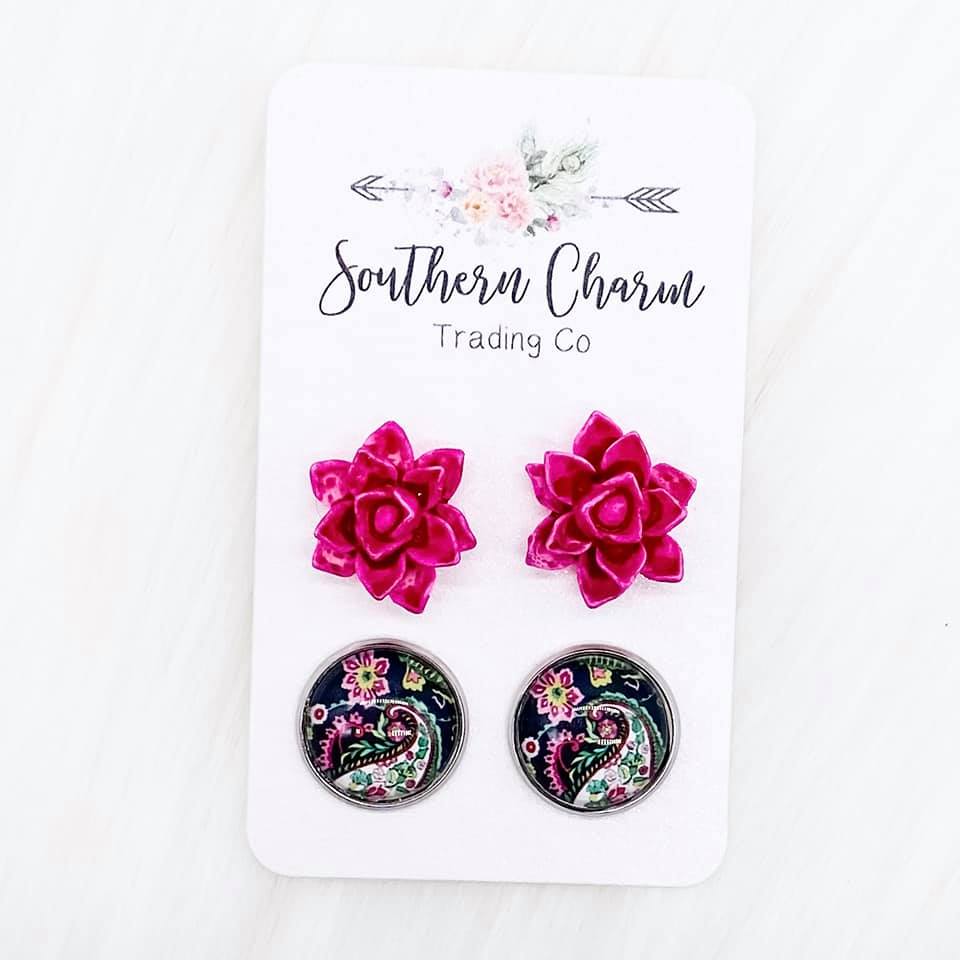 Hot Pink Succulents and Paisley Floral Duo Stud Earrings