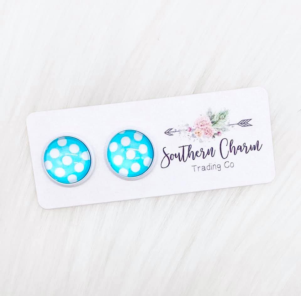 Summer Polka Dot Stud Earrings - Blue