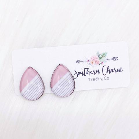Big as Texas Pink with Grey Stripes Teardrop Earrings