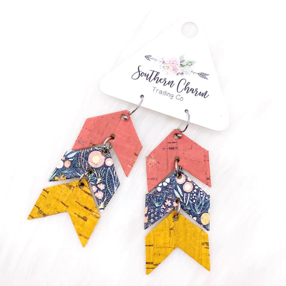 Salmon/Grey Floral/Mustard Mini Arrows Dangles