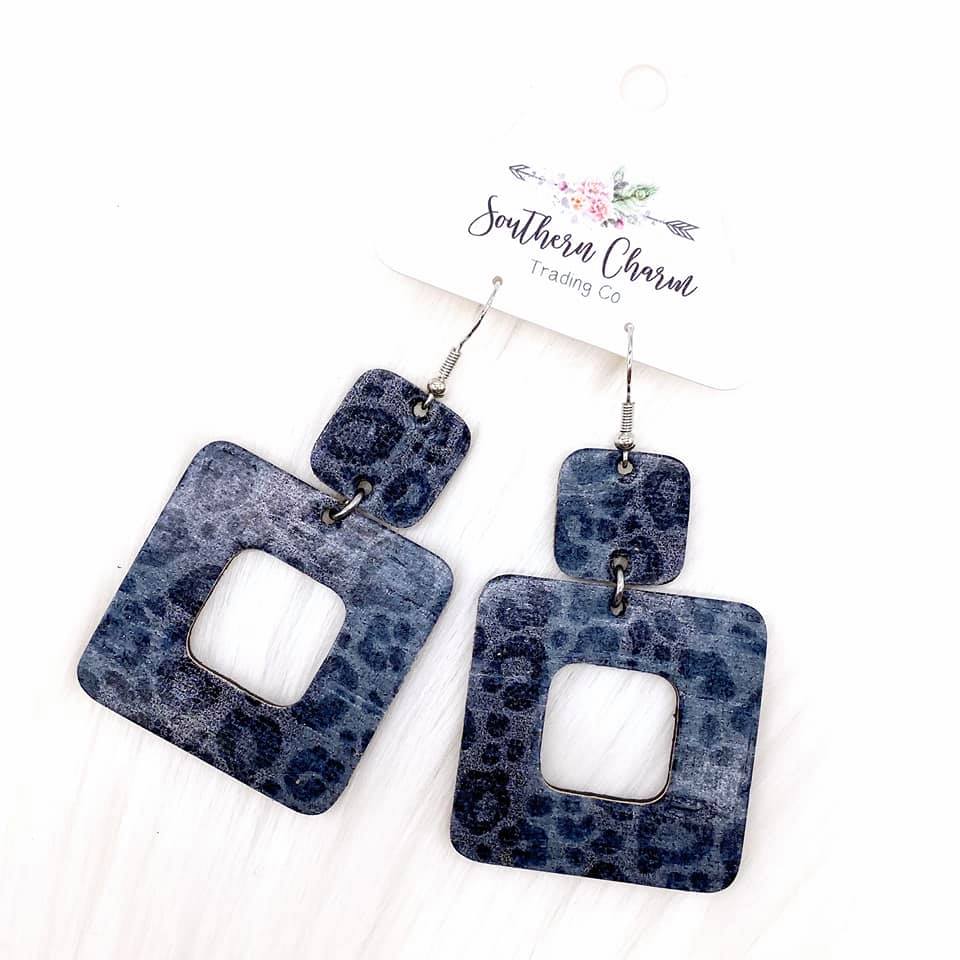 Grey Leopard Square Corkie Earrings
