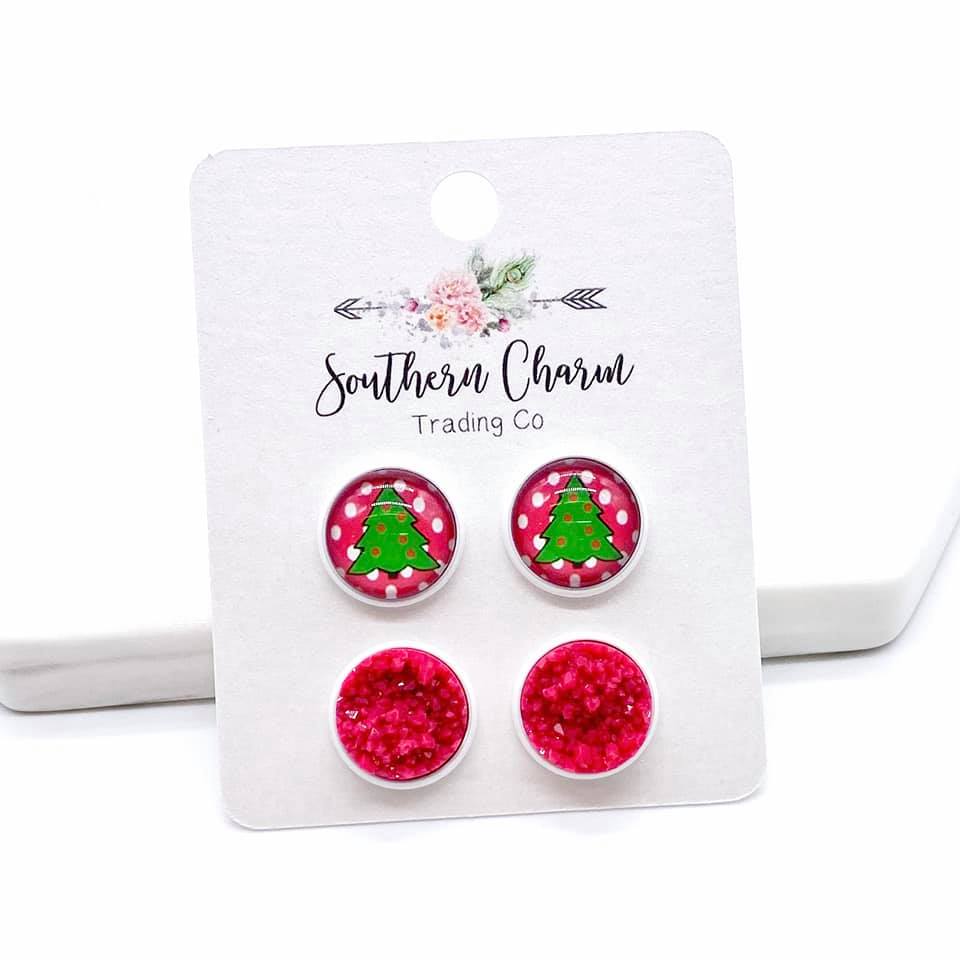 Pink and White Trees and Pink Shimmer Duo Stud Earrings