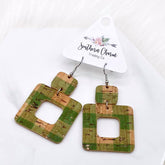 Vintage Green Plaid Square Corky Earrings