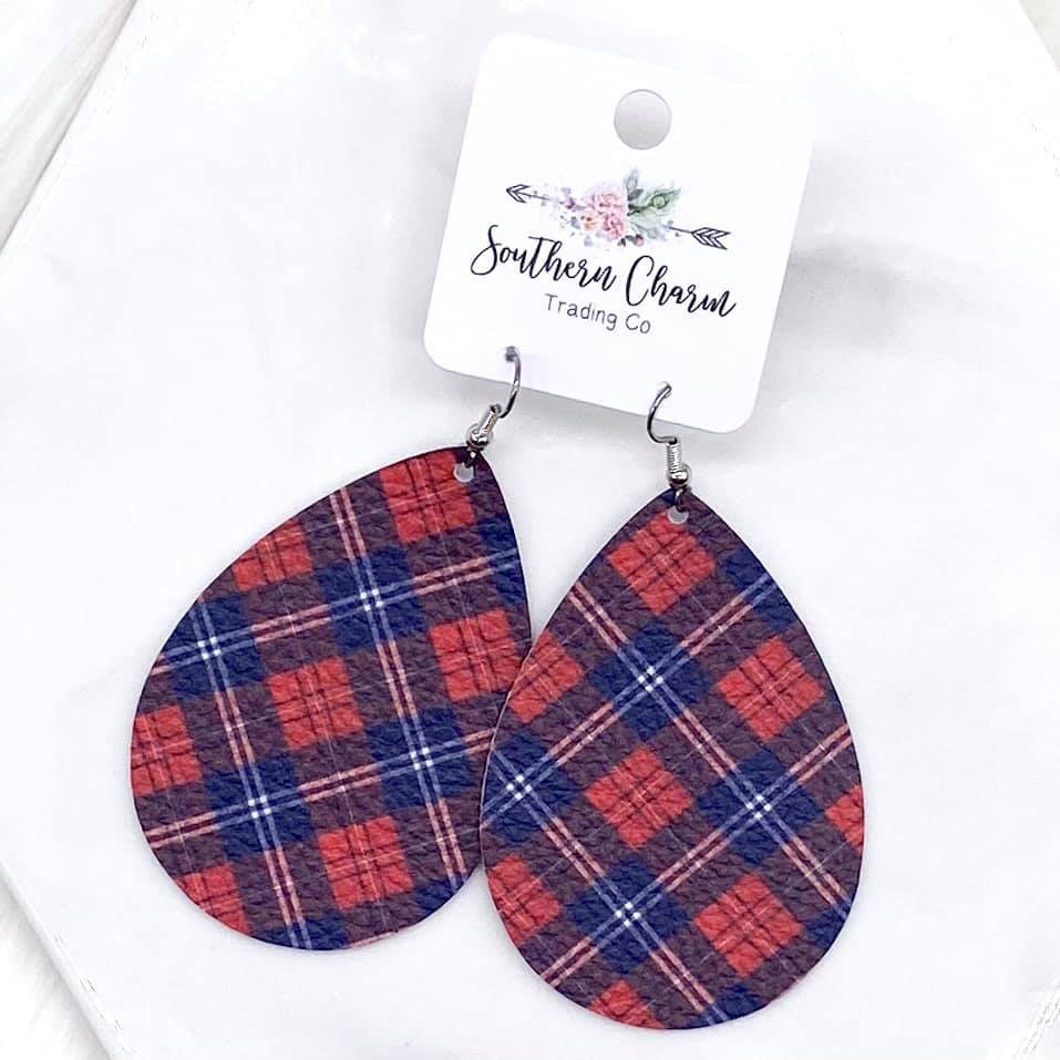 2.5" Navy/Red Tartan Plaid Teardrop Earrings