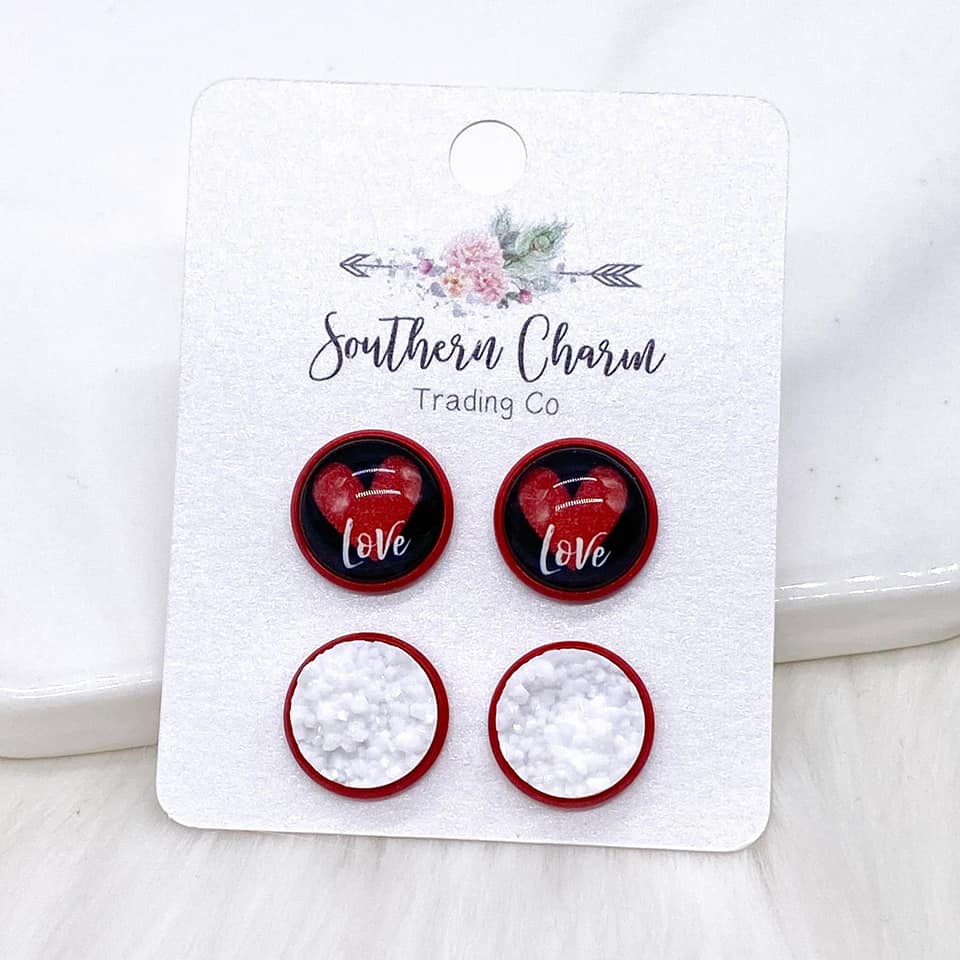 Love Hearts & White in Red Setting Duo Stud Earrings