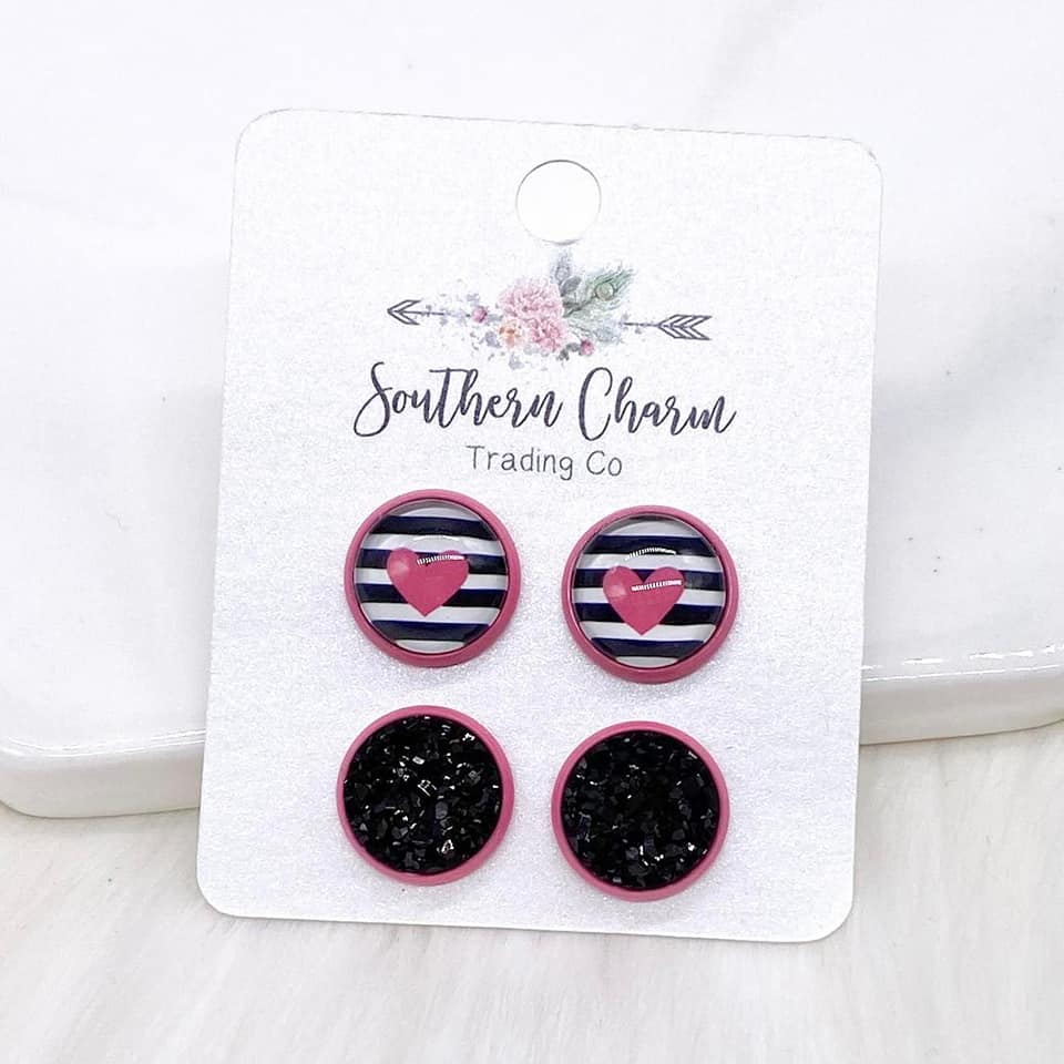 Pink Hearts on Stripes in Pink Setting Duo Stud Earrings