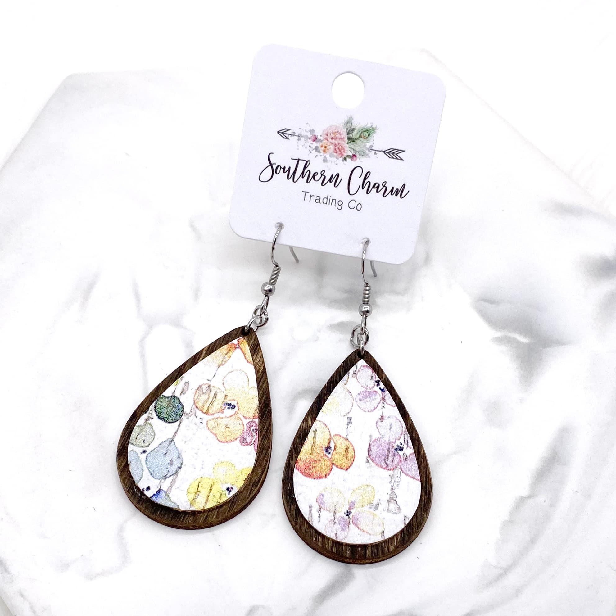 Watercolor Floral Vintage Walnut Teardrop Earrings