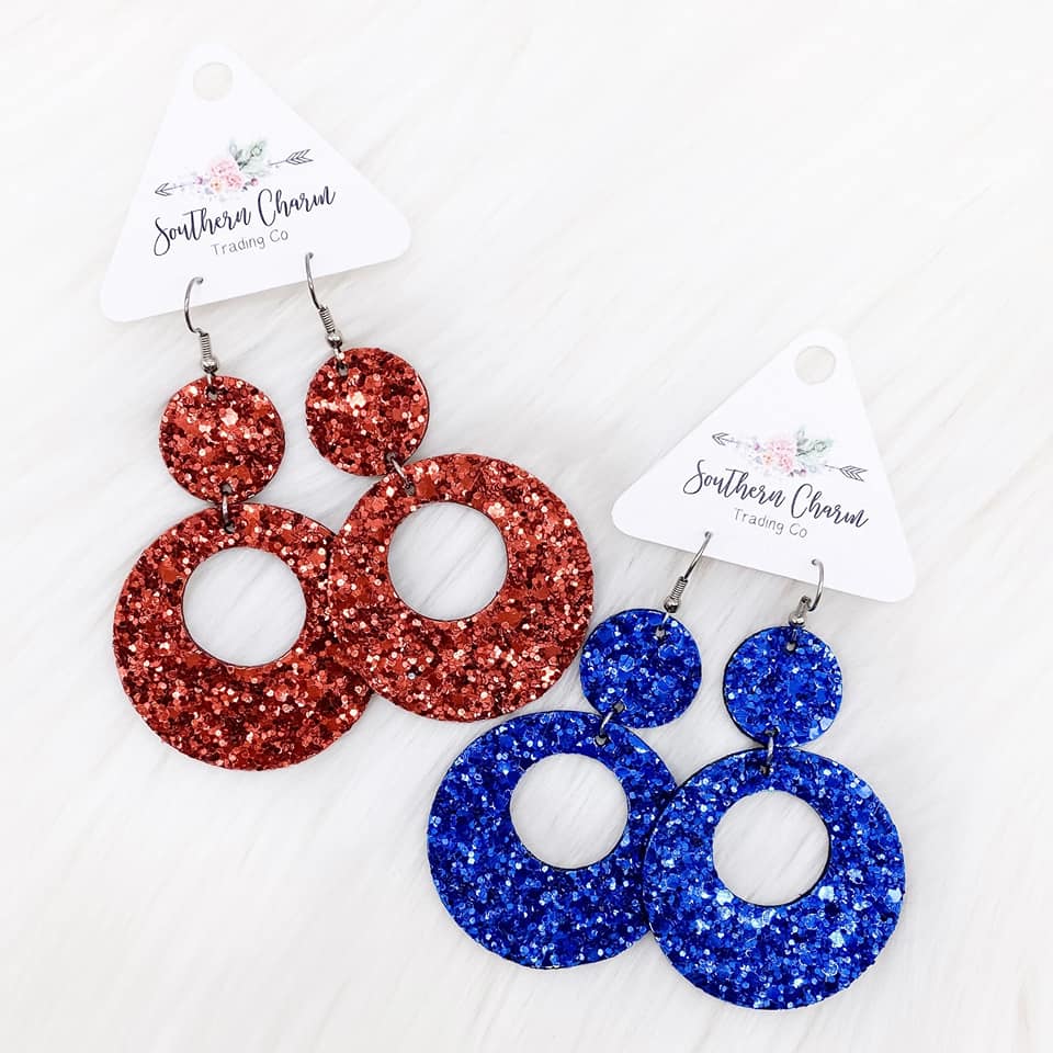 Patriotic Glitter Double O Earrings - Blue