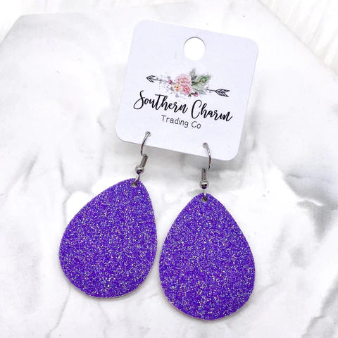 2" Spirit Glitter Teardrop Earrings - Purple