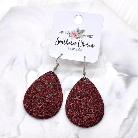 2" Spirit Glitter Teardrop Earrings - Maroon