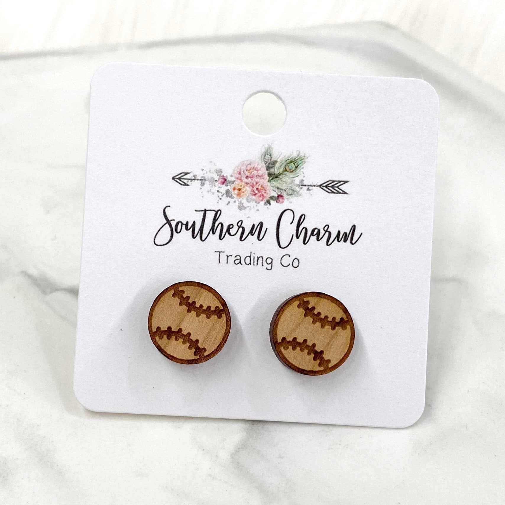 12mm Wooden Baseball Stud Earrings