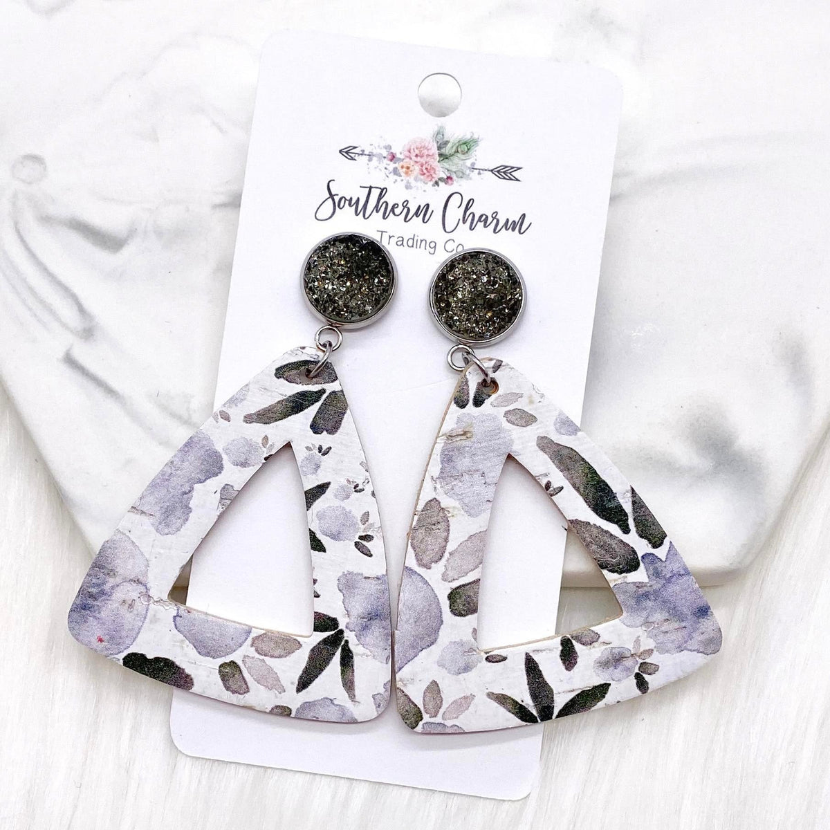 Grey Sparkles & Neutral Grey Pansy Triangle Dangle Earrings