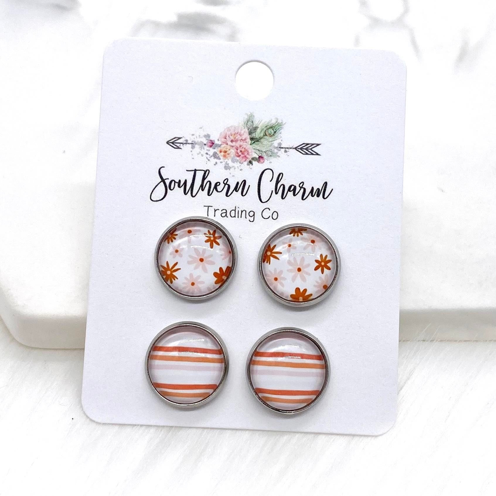 Boho Flowers & Stripes Duo Stud Earrings