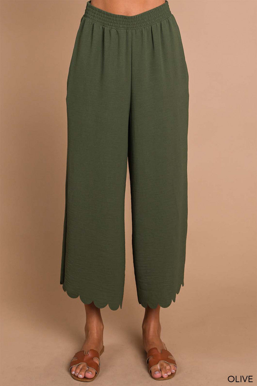 Scalloped Edge Pants - Olive