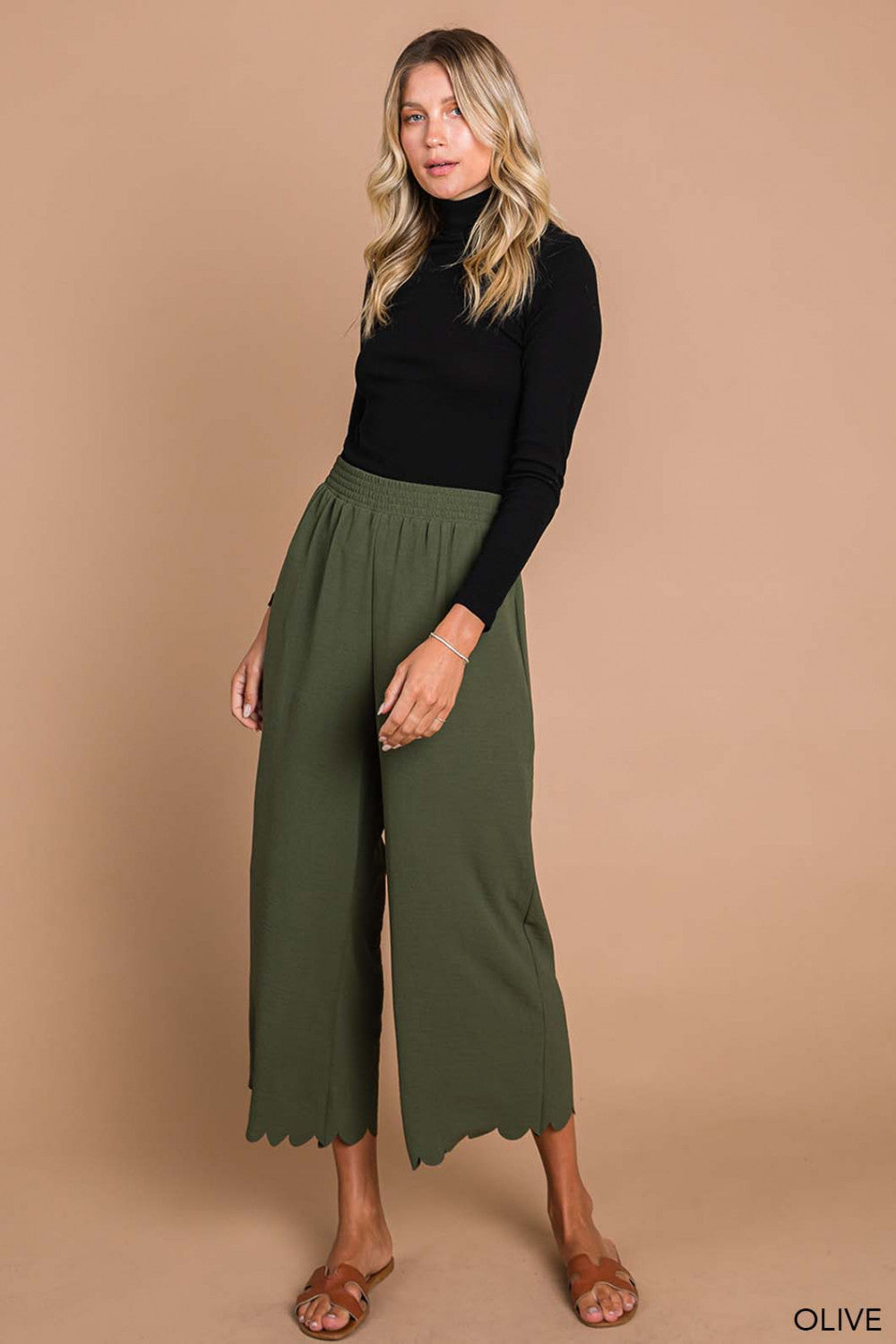 Scalloped Edge Pants - Olive