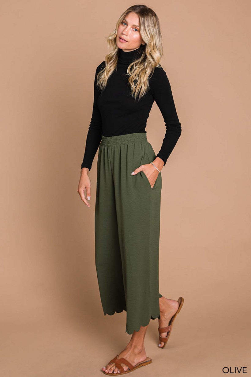 Scalloped Edge Pants - Olive