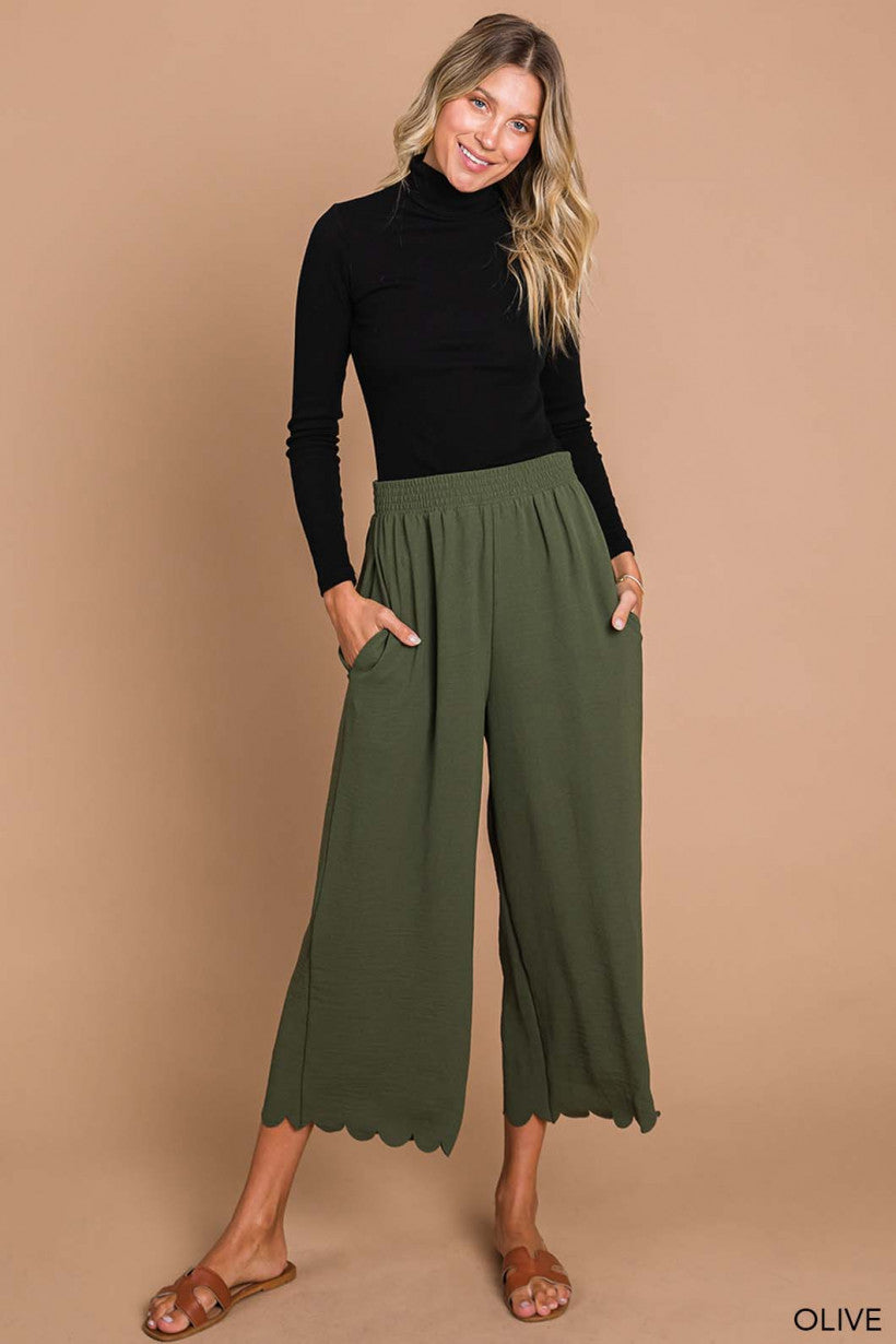 Scalloped Edge Pants - Olive