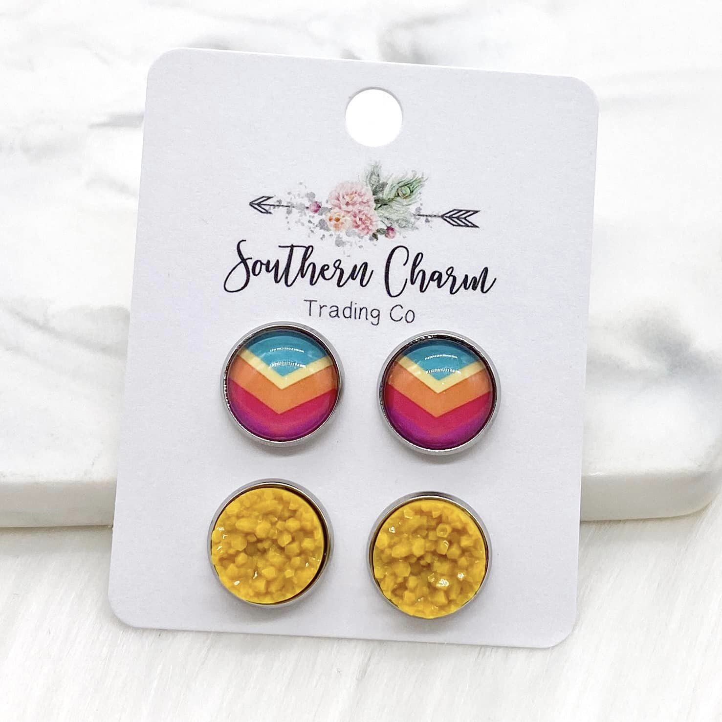 Fall Chevron & Mustard Crystal Duo Earrings