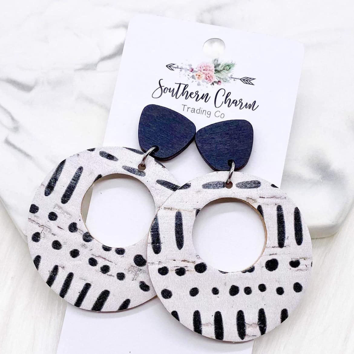 Black & White Mudcloth Double O Dangle Corkie Earrings
