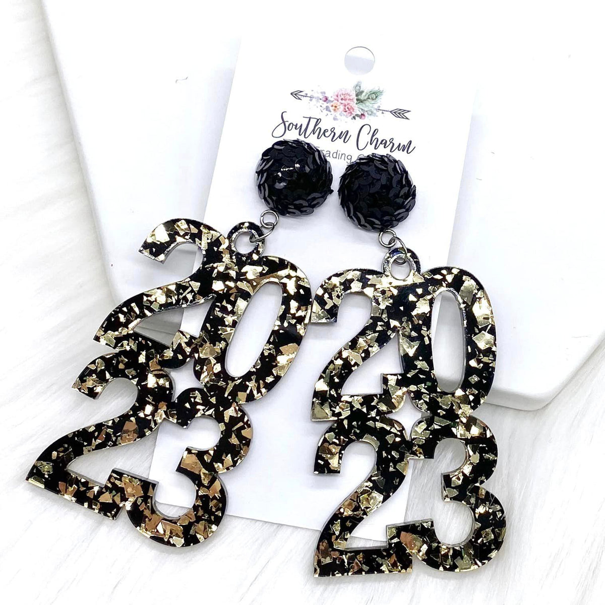 3.25" Black Sequin Pom 2023 Acrylic Earrings