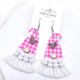 3" Acrylic Pink Buffalo Plaid Gnome Macrame Earrings