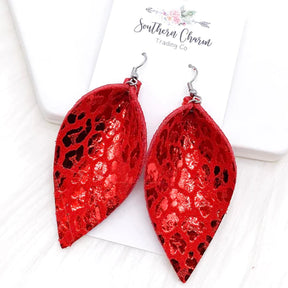 2.5” Metallic Leopard Petal Earrings - Red