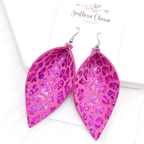 Metallic Leopard Petal Earrings- Hot Pink