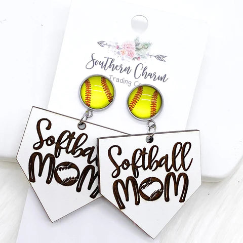Ball Mom Dangle Earrings - Softball