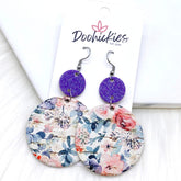 2.5" Purple Glitter & Floral Piggybacks Corkie Earrings