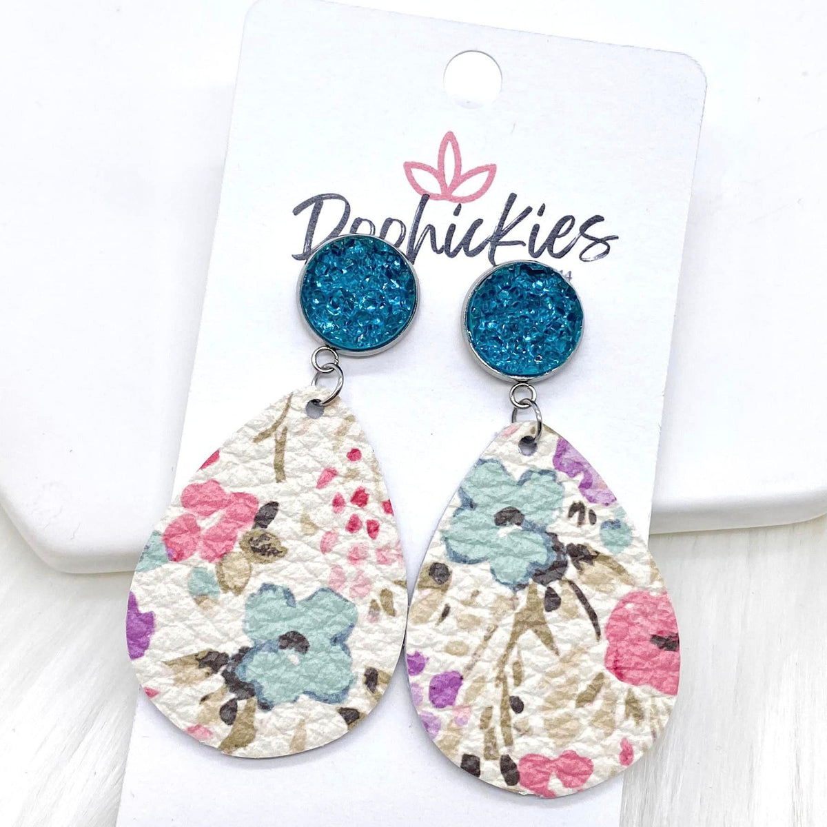 2" Teal Sparkles & Pink Watercolor Floral Leather Dangle Earrings