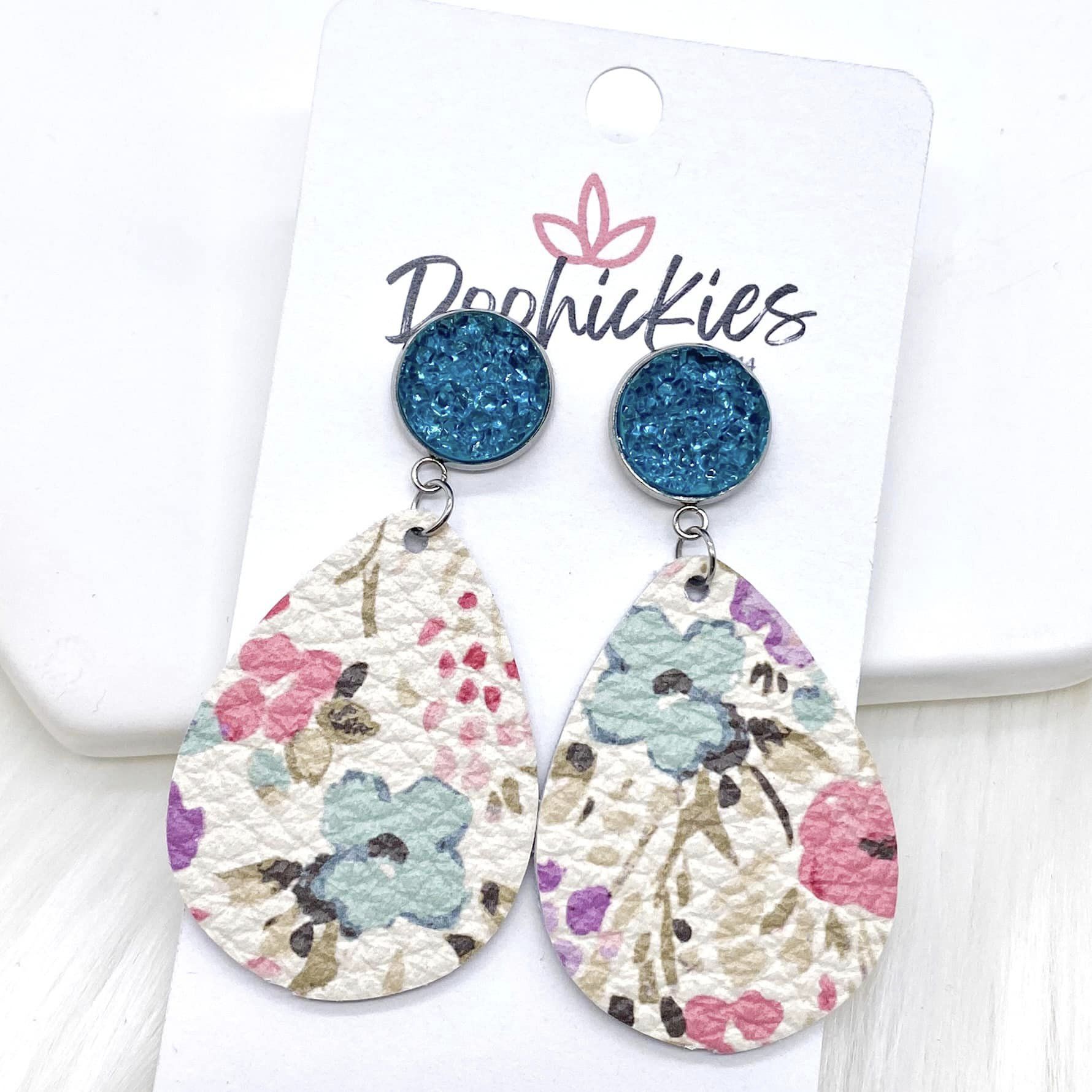 2" Teal Sparkles & Pink Watercolor Floral Leather Dangle Earrings